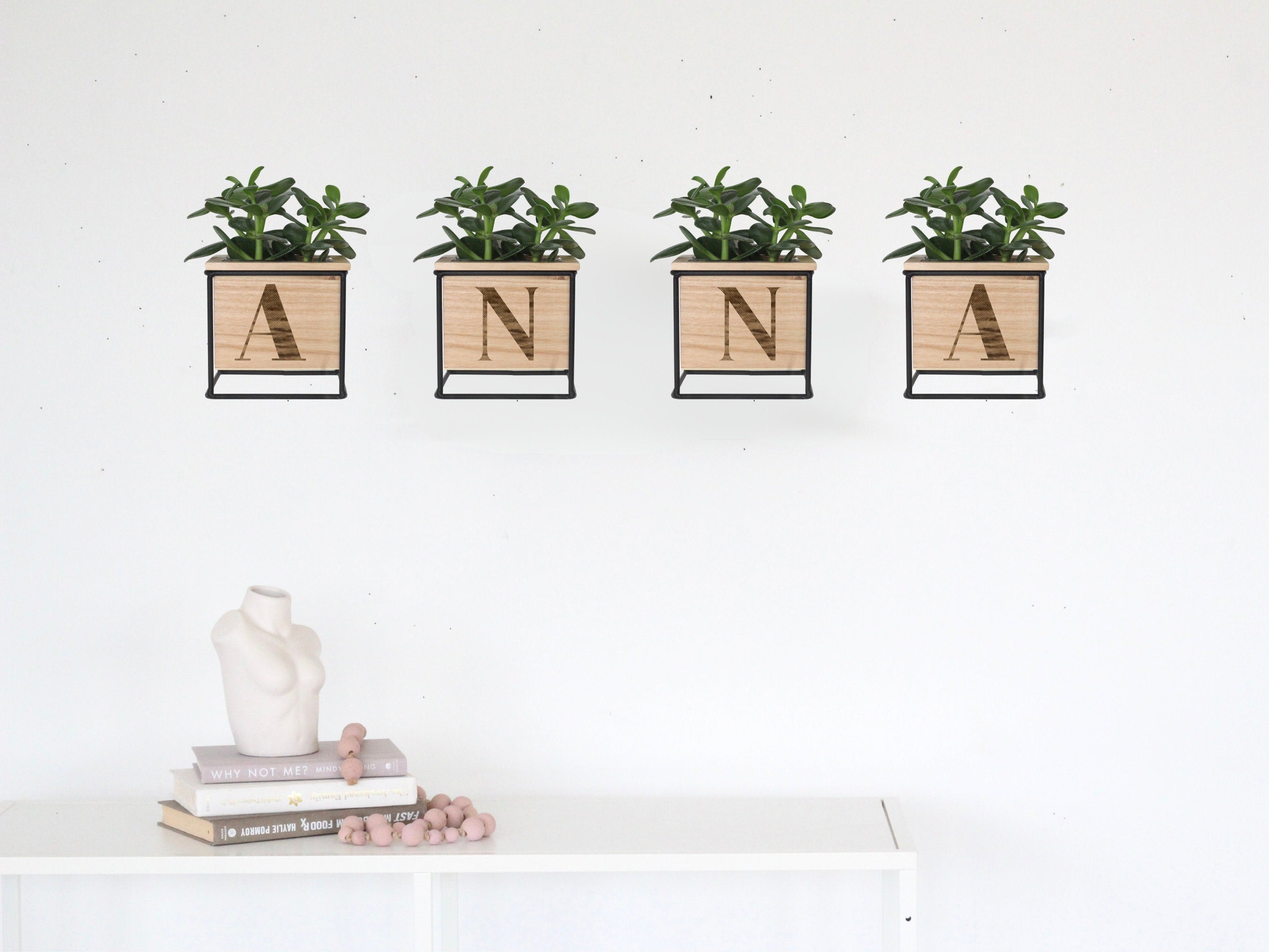 Personalized Engraved Wooden Floating Shelf With Planter