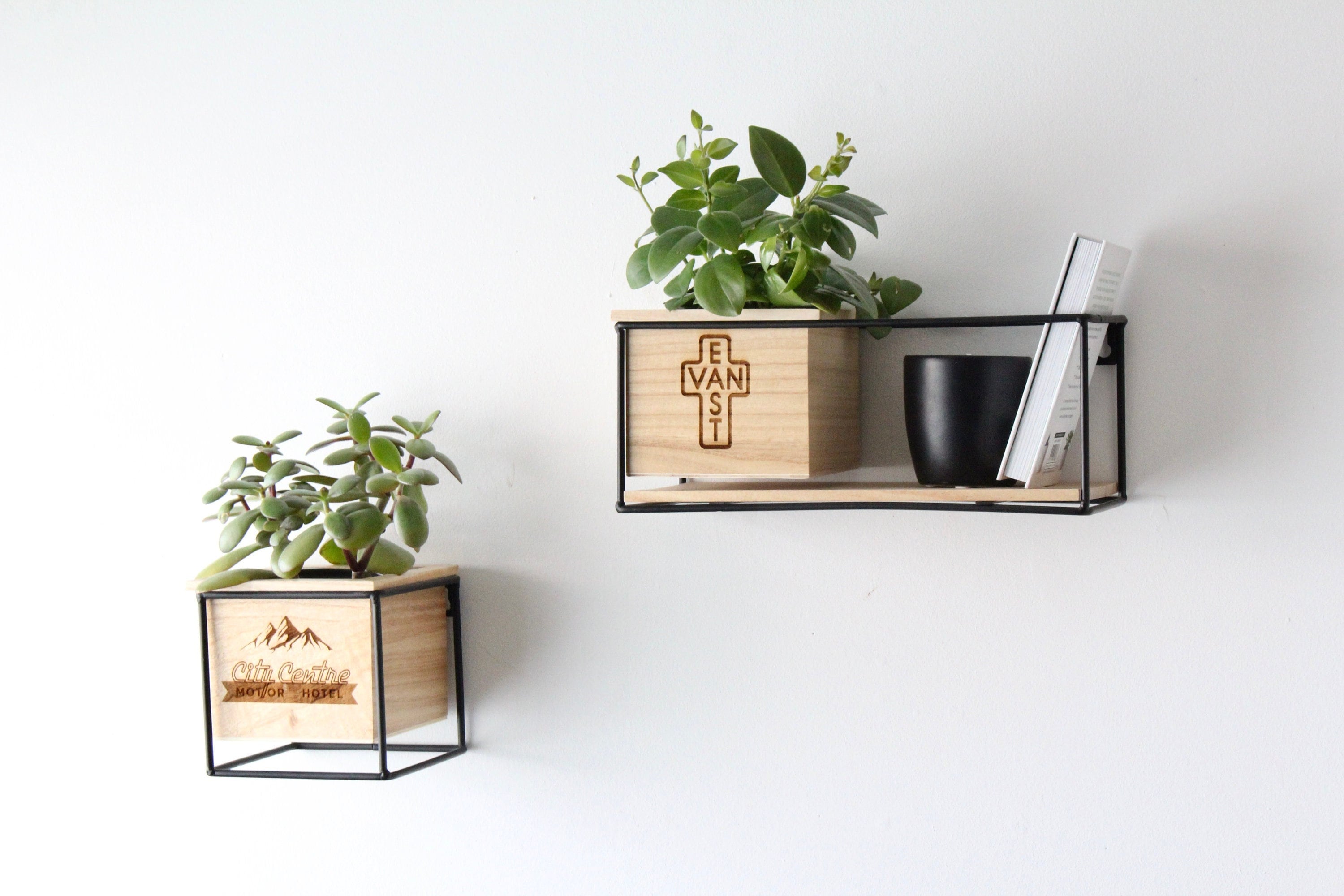 Personalized Engraved Wooden Floating Shelf With Planter