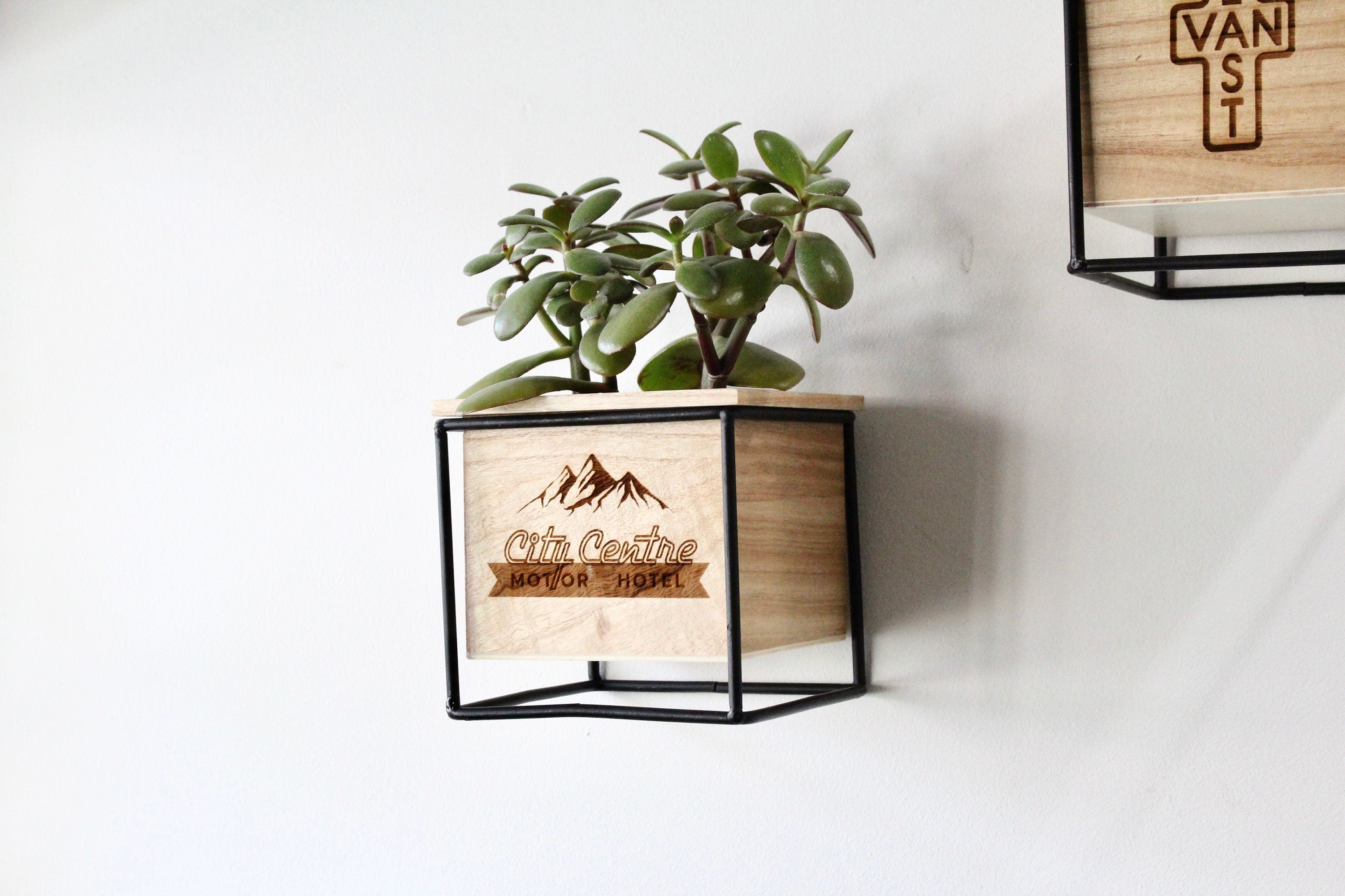 Personalized Engraved Wooden Floating Shelf With Planter